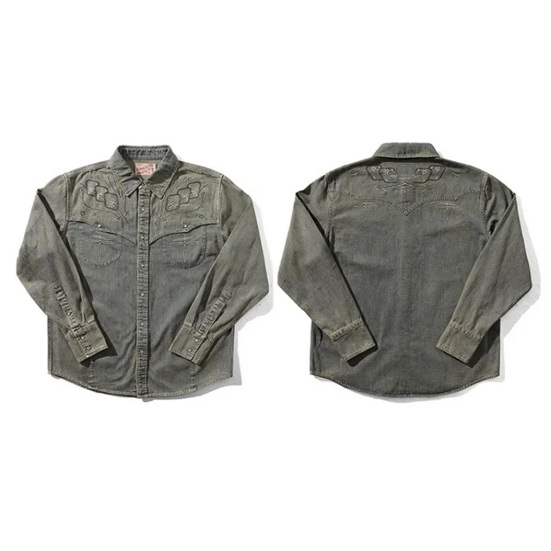 Gambler Embroidered Washed Denim Western Cowboy Shirt - Image 6