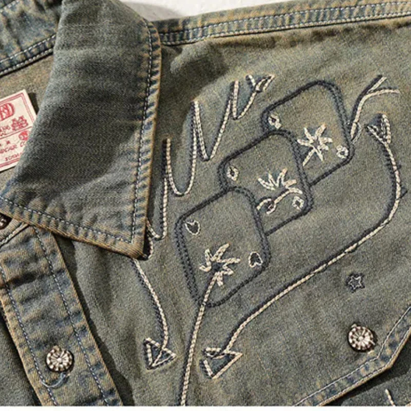 Gambler Embroidered Washed Denim Western Cowboy Shirt - Image 8