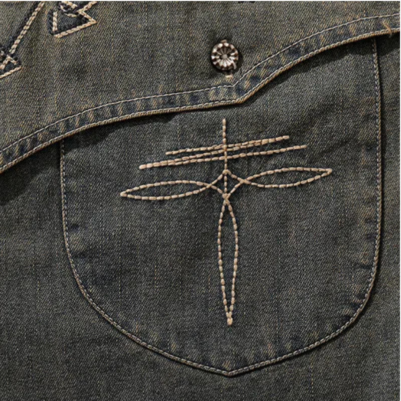 Gambler Embroidered Washed Denim Western Cowboy Shirt - Image 9