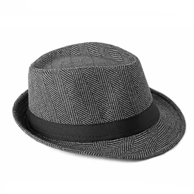 Gentlemen Herringbone Pattern Black Ribbon Fedora Hat - Image 10