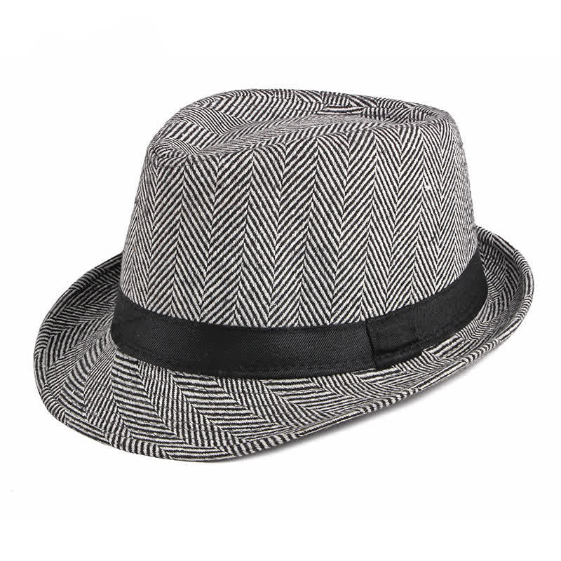 Gentlemen Herringbone Pattern Black Ribbon Fedora Hat - Image 11