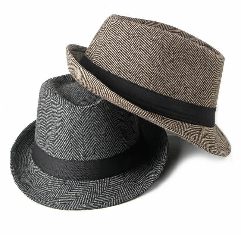 Gentlemen Herringbone Pattern Black Ribbon Fedora Hat - Image 2