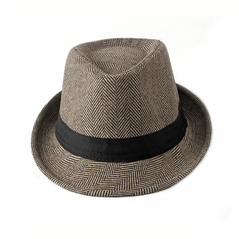 Gentlemen Herringbone Pattern Black Ribbon Fedora Hat - Image 3