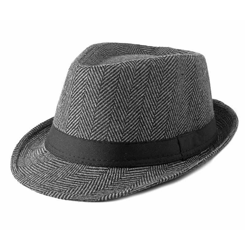 Gentlemen Herringbone Pattern Black Ribbon Fedora Hat - Image 5