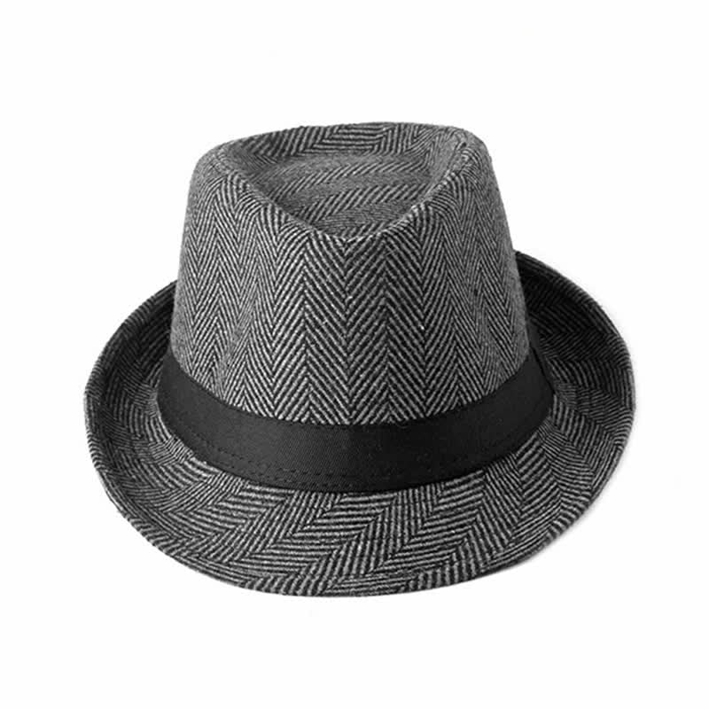 Gentlemen Herringbone Pattern Black Ribbon Fedora Hat - Image 6