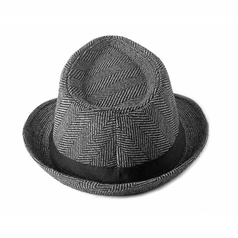 Gentlemen Herringbone Pattern Black Ribbon Fedora Hat - Image 7