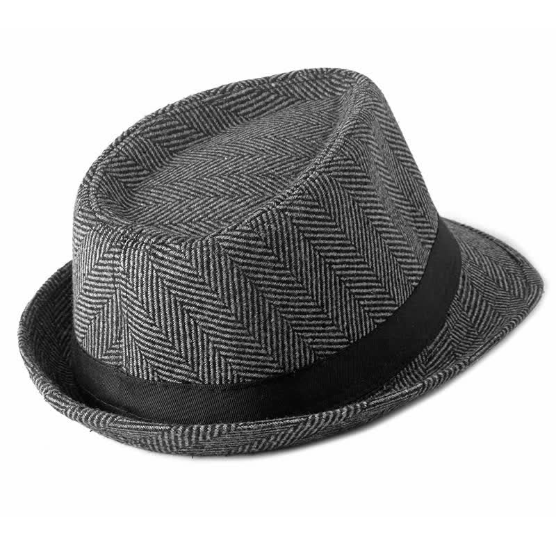 Gentlemen Herringbone Pattern Black Ribbon Fedora Hat - Image 9