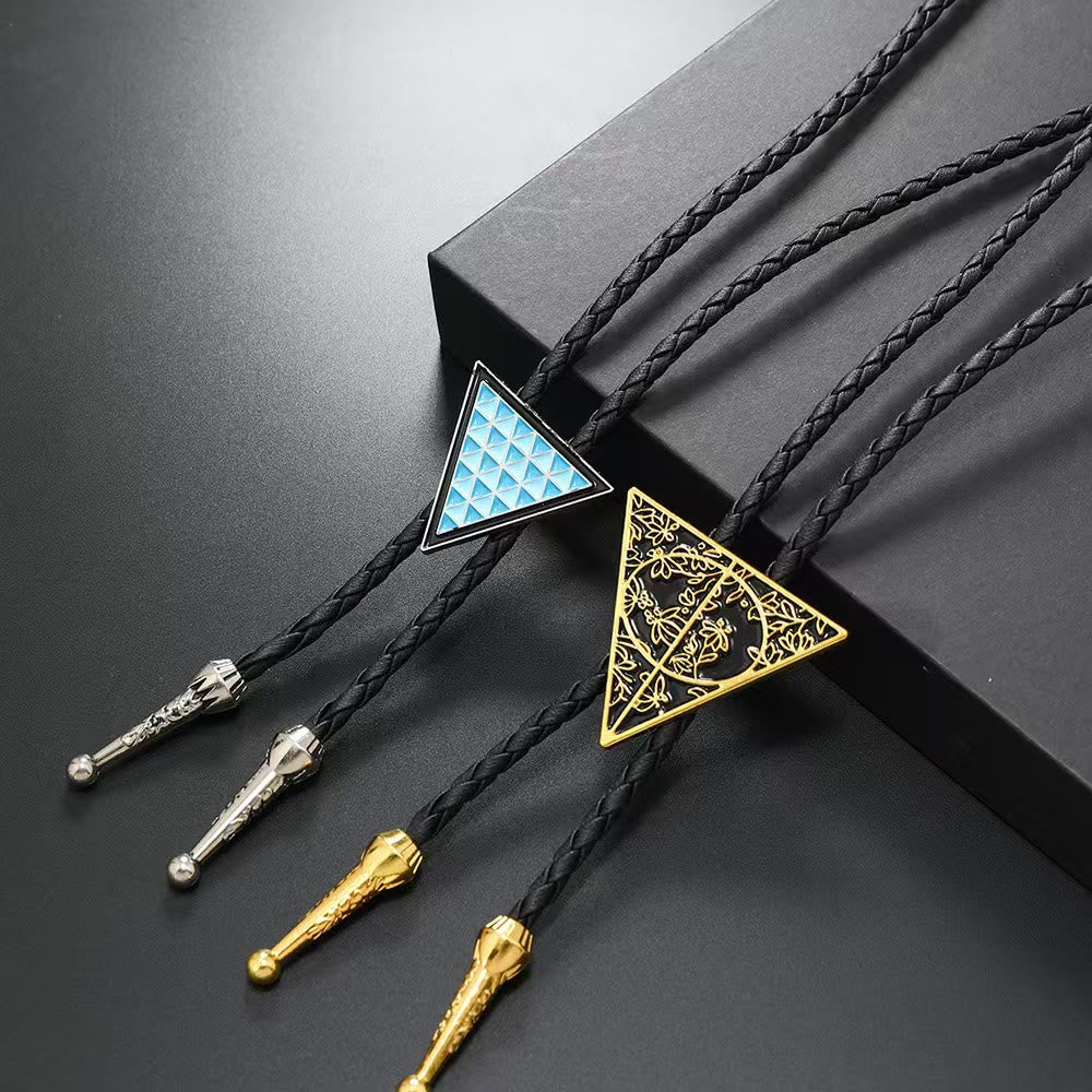 Geometric Triangle Pattern Metal Braided Leather Bolo Tie