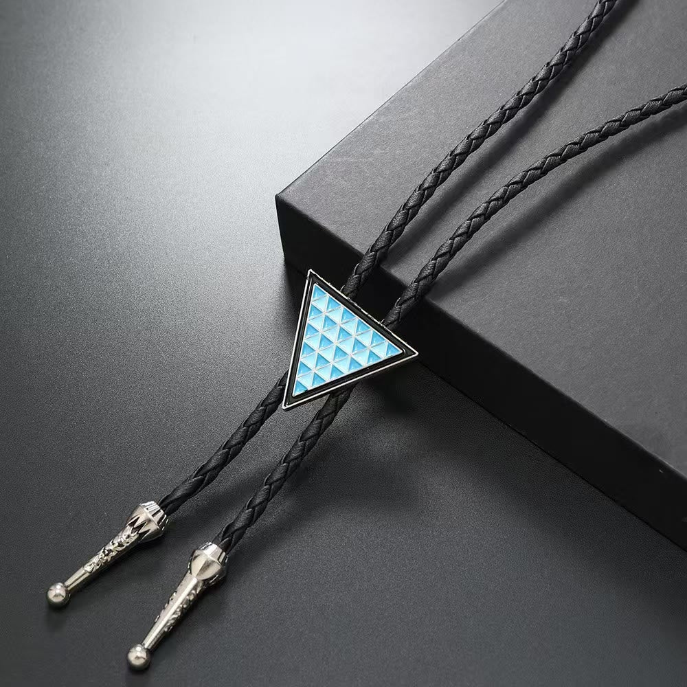 Geometric Triangle Pattern Metal Braided Leather Bolo Tie - Image 2