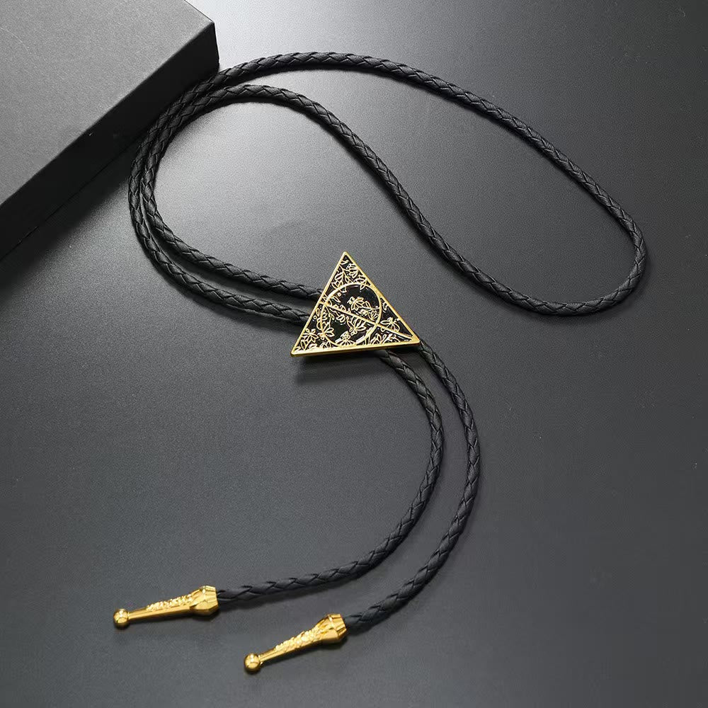 Geometric Triangle Pattern Metal Braided Leather Bolo Tie - Image 3