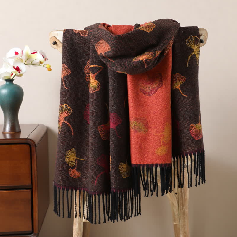 Ginkgo Leaf Pattern Double-Sided Scarf With Tassels