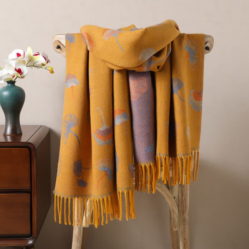 Ginkgo Leaf Pattern Double-Sided Scarf With Tassels - Image 10