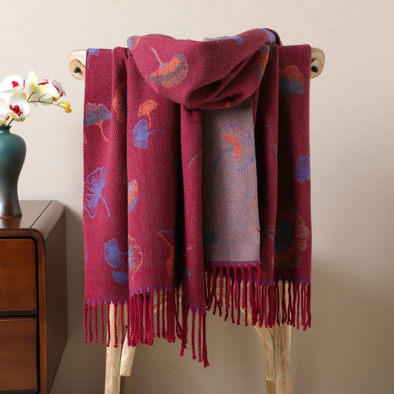 Ginkgo Leaf Pattern Double-Sided Scarf With Tassels - Image 6