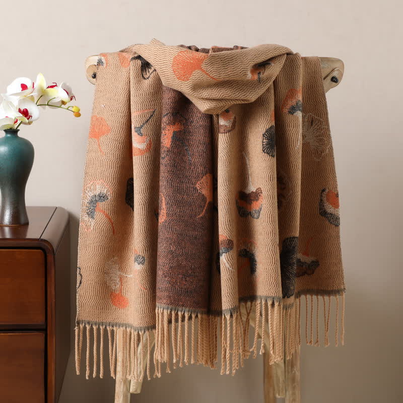 Ginkgo Leaf Pattern Double-Sided Scarf With Tassels - Image 8