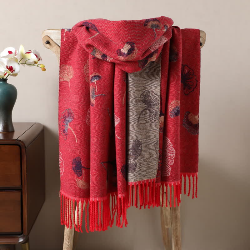 Ginkgo Leaf Pattern Double-Sided Scarf With Tassels - Image 9