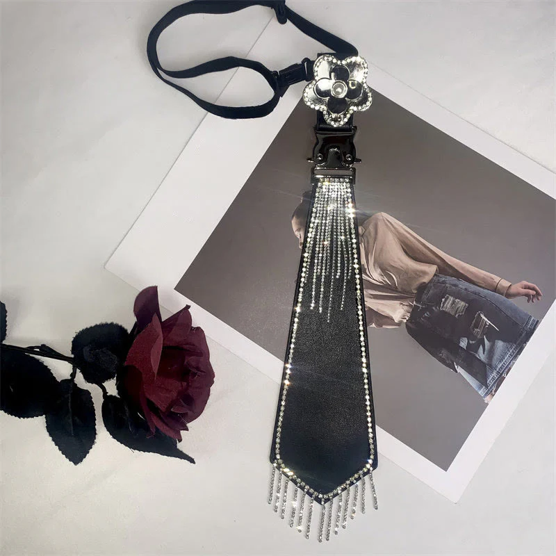 Glam Punk Party Rhinestone Fringe Leather Pre-Tied Necktie