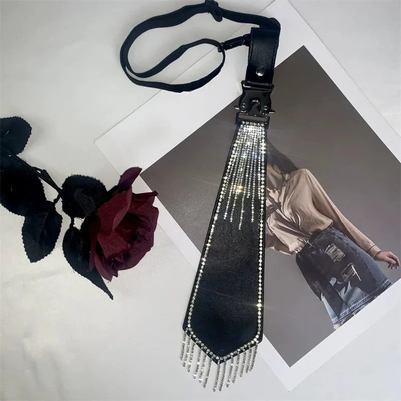 Glam Punk Party Rhinestone Fringe Leather Pre-Tied Necktie - Image 5