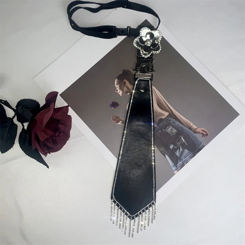 Glam Punk Party Rhinestone Fringe Leather Pre-Tied Necktie - Image 6