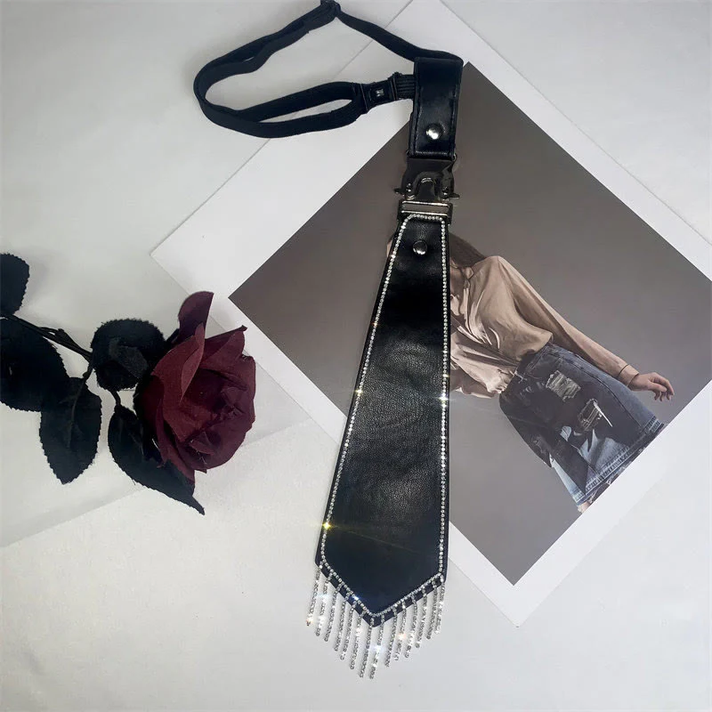 Glam Punk Party Rhinestone Fringe Leather Pre-Tied Necktie - Image 7
