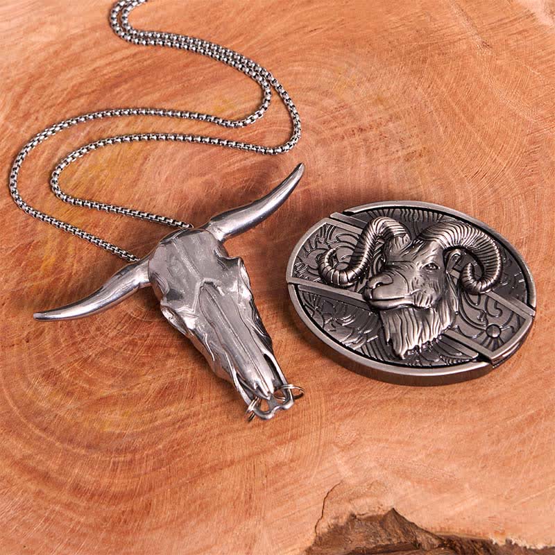 Goat DIY Hidden Knife Belt Buckle Longhorn Pendant Cross Necklace Bundle Set - Image 2