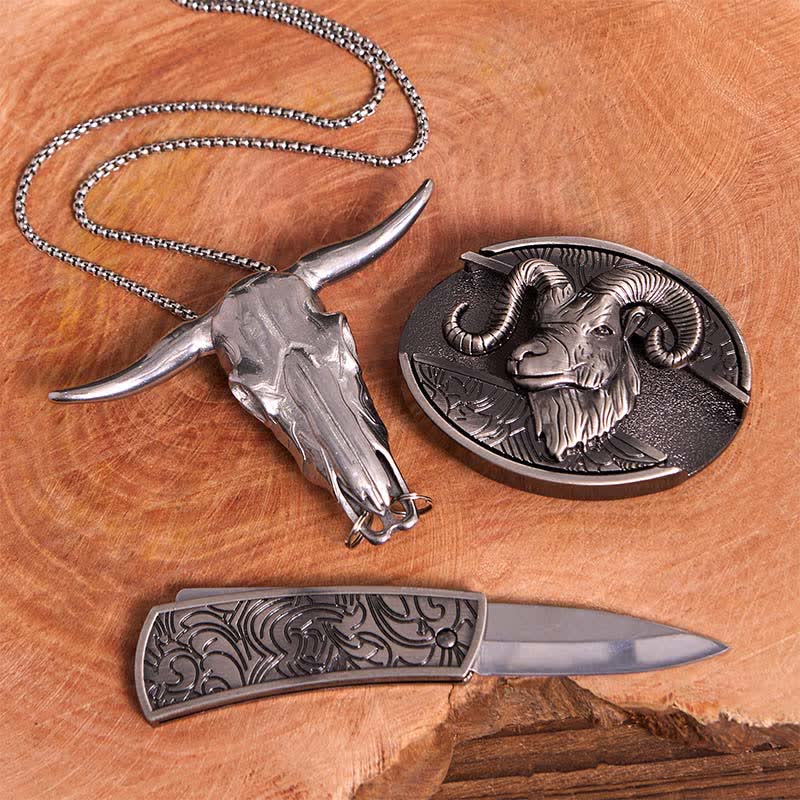 Goat DIY Hidden Knife Belt Buckle Longhorn Pendant Cross Necklace Bundle Set - Image 4