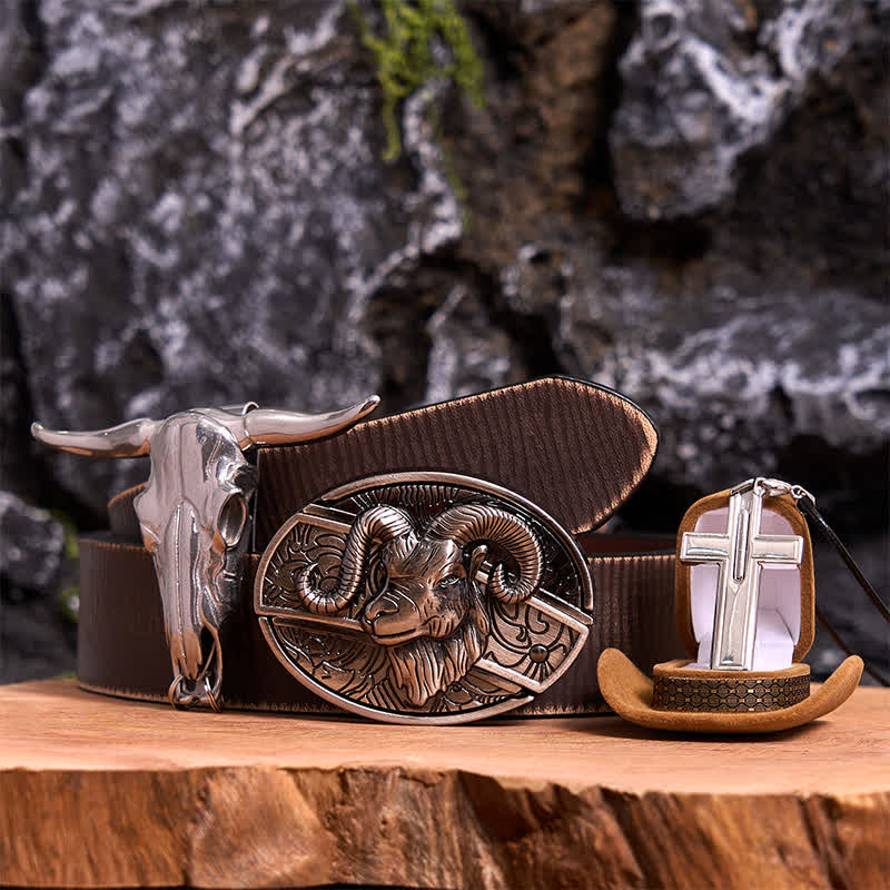 Goat DIY Hidden Knife Belt Buckle Longhorn Pendant Cross Necklace Bundle Set - Image 7