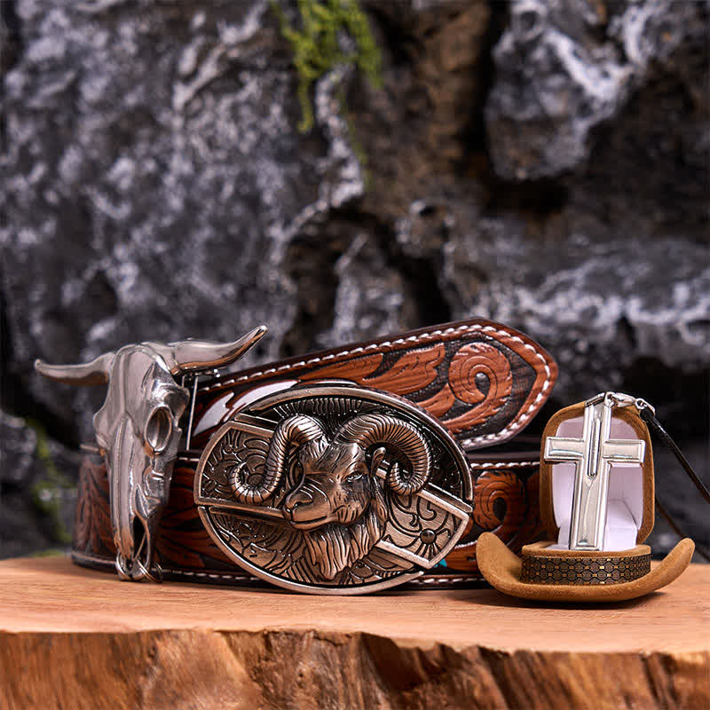 Goat DIY Hidden Knife Belt Buckle Longhorn Pendant Cross Necklace Bundle Set - Image 9