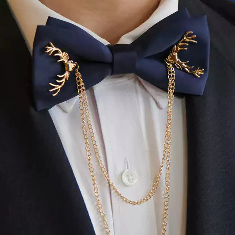 Gold Antler-Shaped Distinctive Formal Bow Tie With Chain