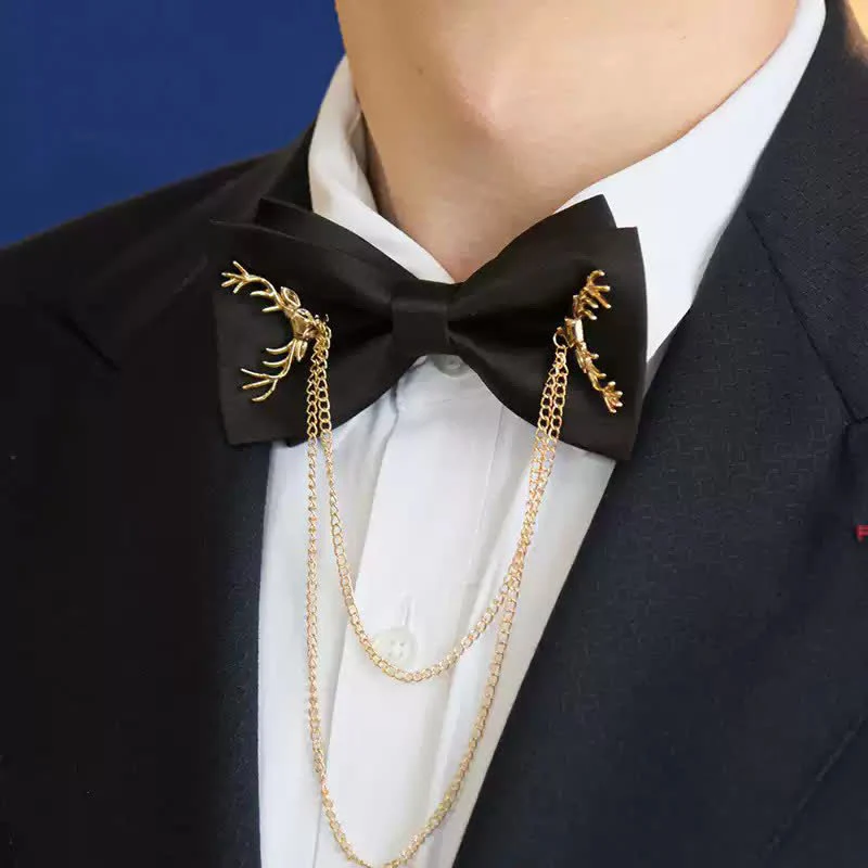Gold Antler-Shaped Distinctive Formal Bow Tie With Chain - Image 6