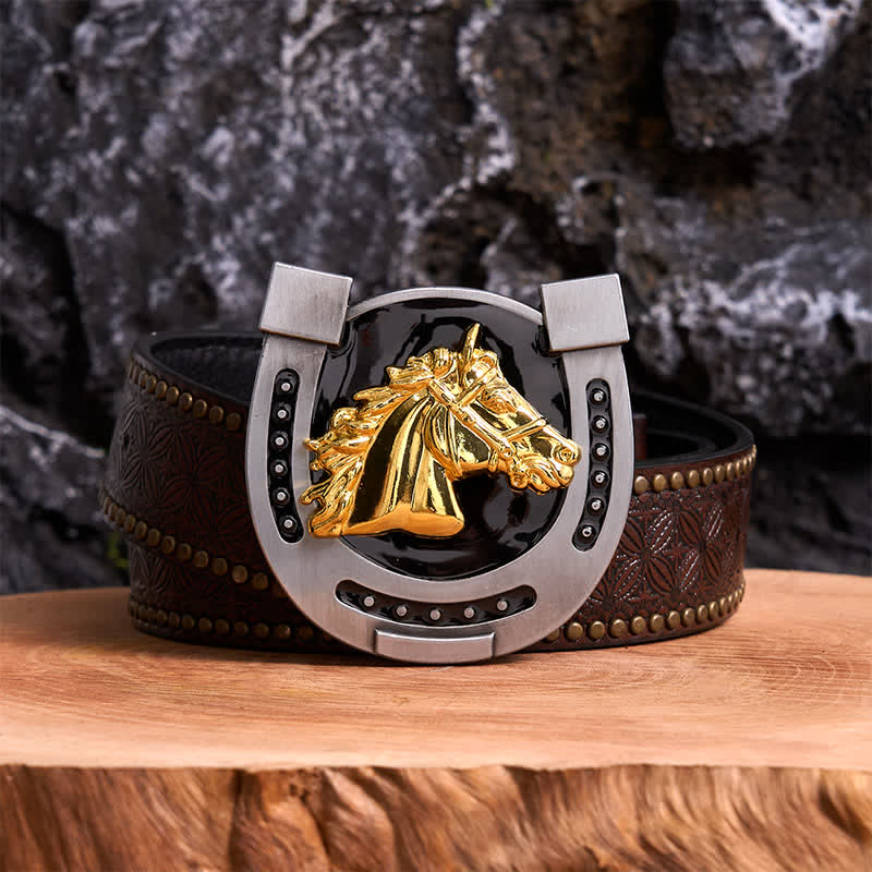 Gold & Black DIY Horseshoe Shape Buckle Leather Belt - Image 5