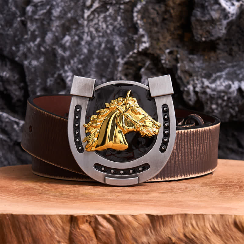 Gold & Black DIY Horseshoe Shape Buckle Leather Belt - Image 6