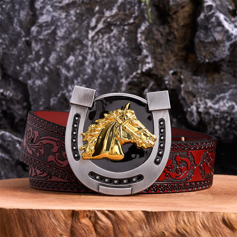 Gold & Black DIY Horseshoe Shape Buckle Leather Belt - Image 7