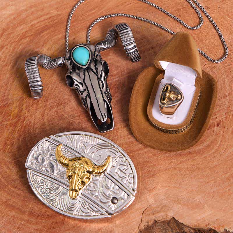 Gold Bull DIY Hidden Knife Belt Buckle Turquoise Skull Sheep Pendant Bundle Set - Image 2