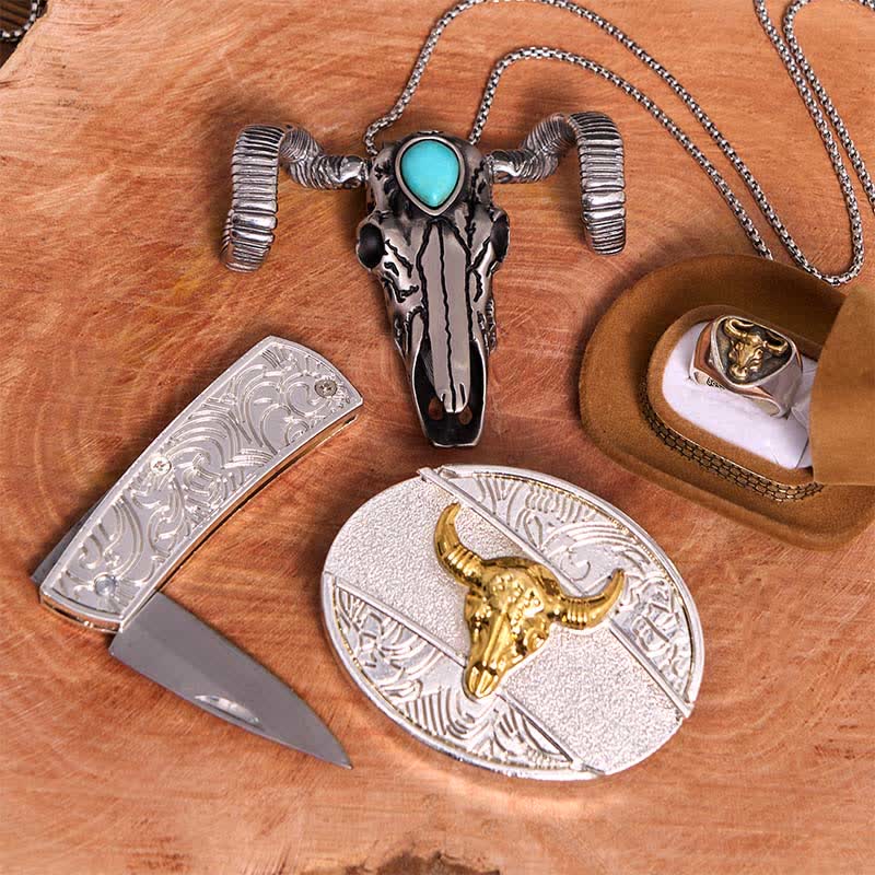 Gold Bull DIY Hidden Knife Belt Buckle Turquoise Skull Sheep Pendant Bundle Set - Image 3