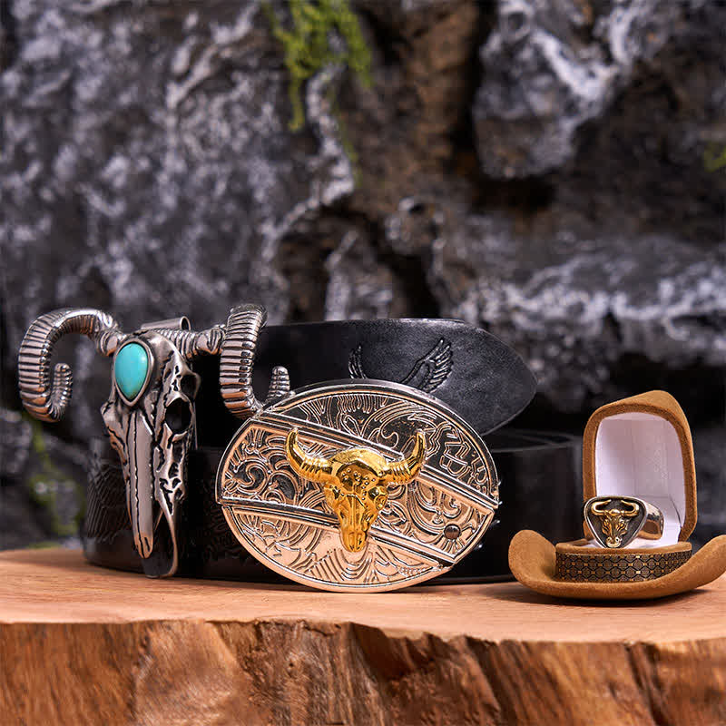 Gold Bull DIY Hidden Knife Belt Buckle Turquoise Skull Sheep Pendant Bundle Set - Image 5