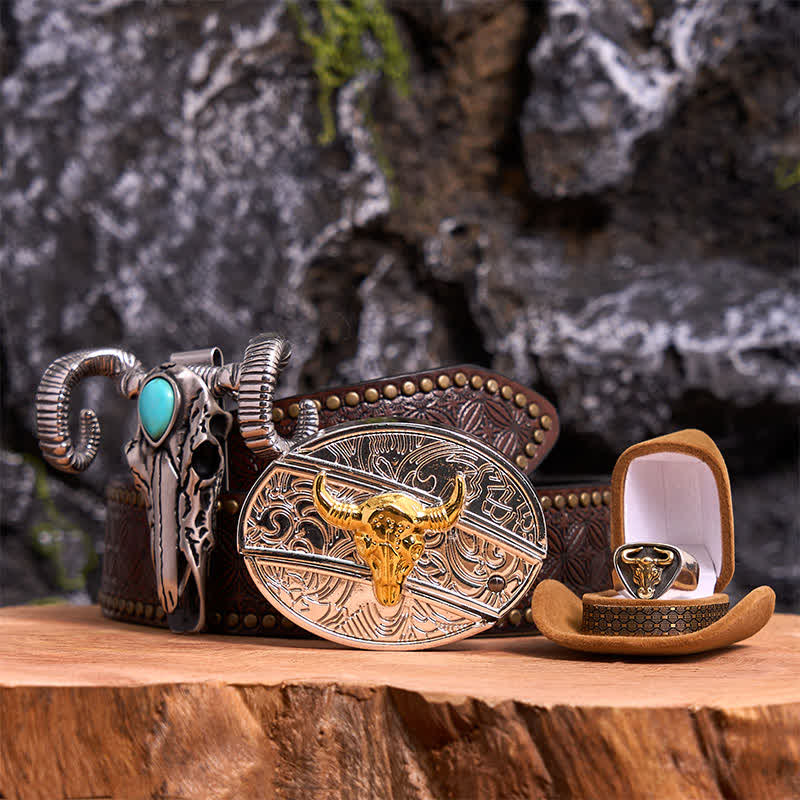 Gold Bull DIY Hidden Knife Belt Buckle Turquoise Skull Sheep Pendant Bundle Set - Image 6