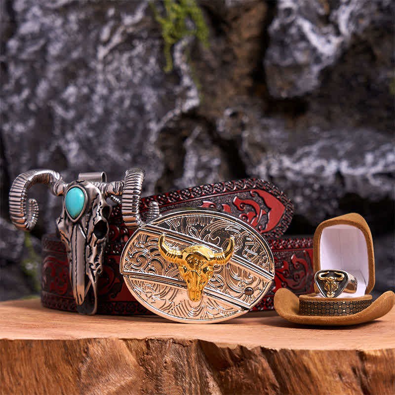 Gold Bull DIY Hidden Knife Belt Buckle Turquoise Skull Sheep Pendant Bundle Set - Image 7