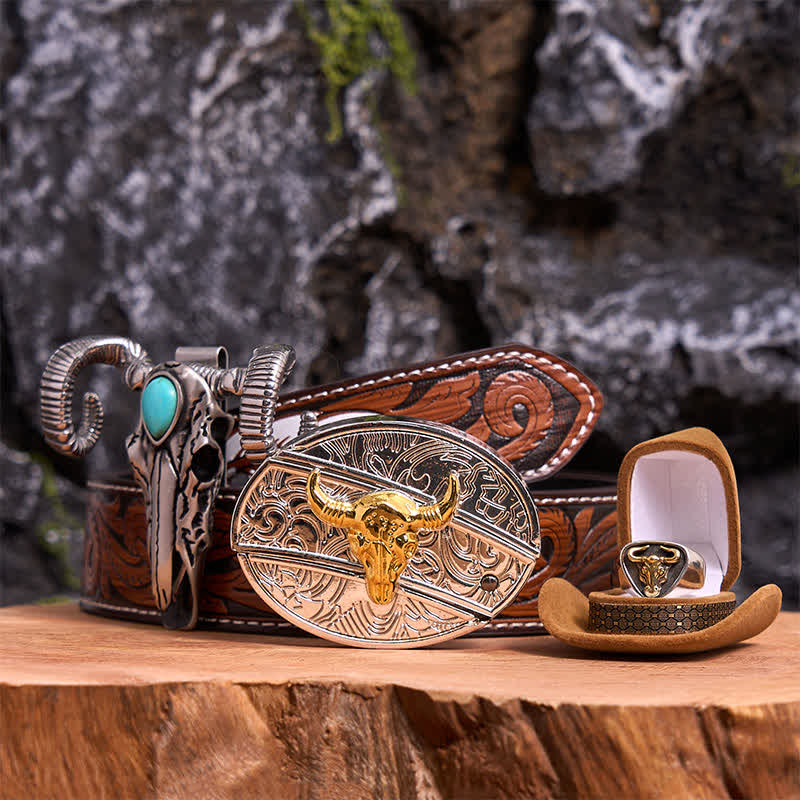 Gold Bull DIY Hidden Knife Belt Buckle Turquoise Skull Sheep Pendant Bundle Set - Image 8
