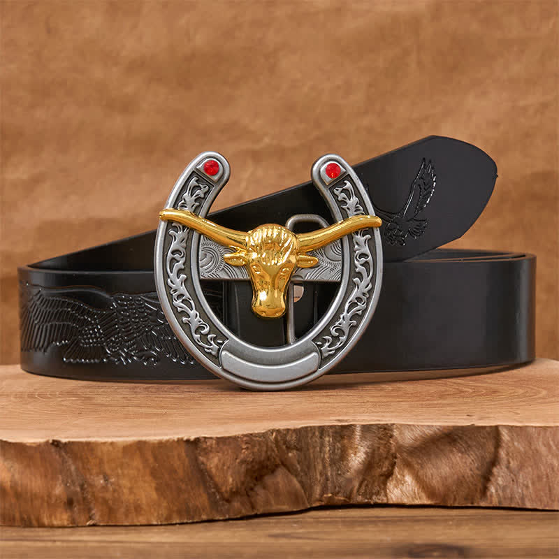 Gold Bull Head Western Horseshoe Shape Buckle Leather Belt - Image 3
