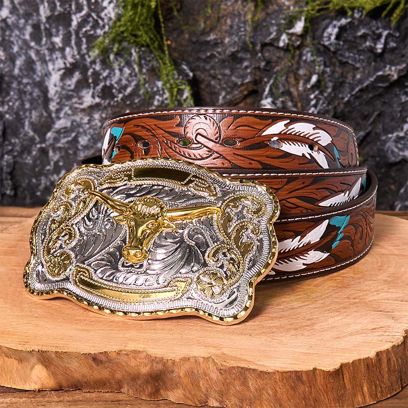 Gold Bull's Head DIY Western Cowboy Buckle Leather Belt - Image 11