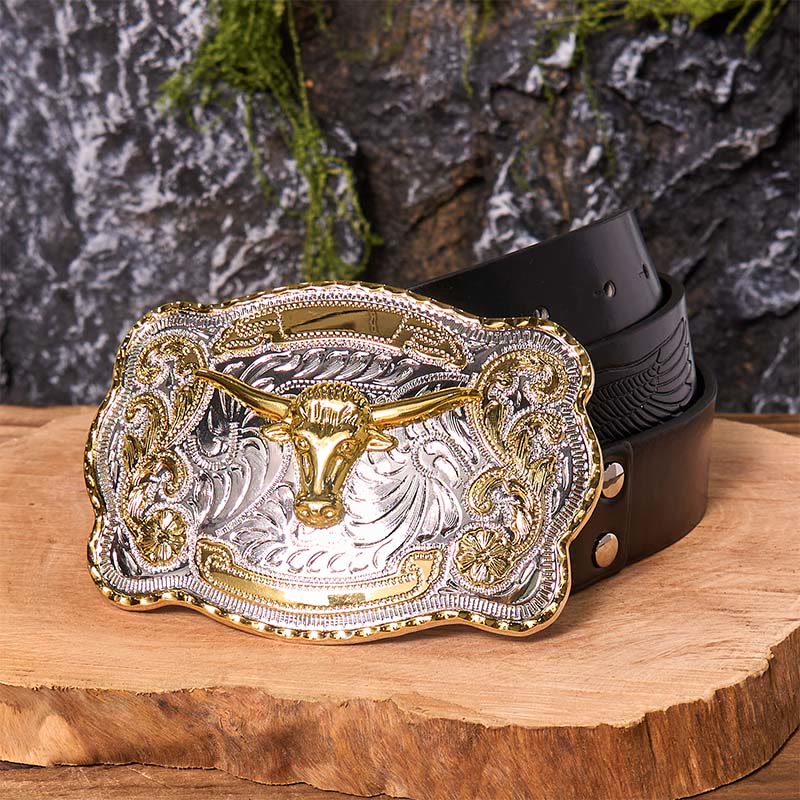 Gold Bull's Head DIY Western Cowboy Buckle Leather Belt - Image 6