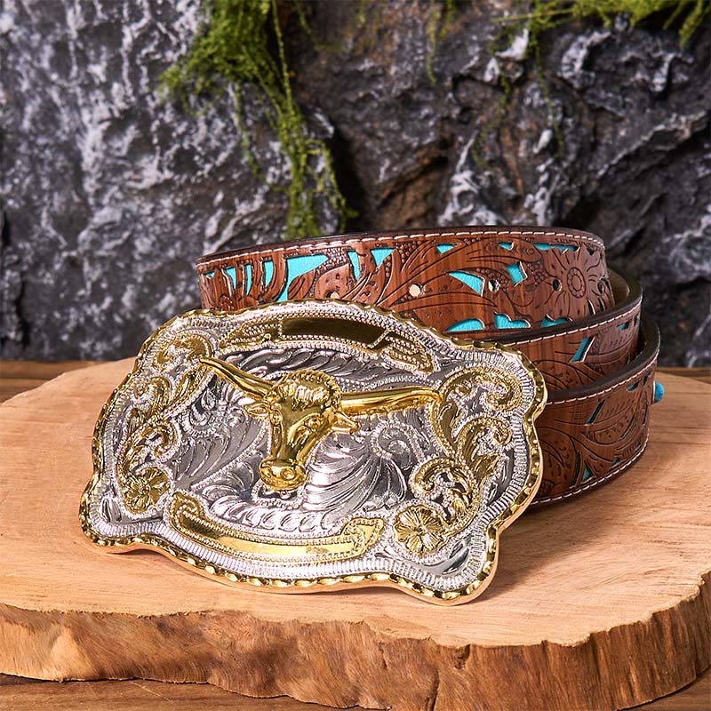 Gold Bull's Head DIY Western Cowboy Buckle Leather Belt - Image 7