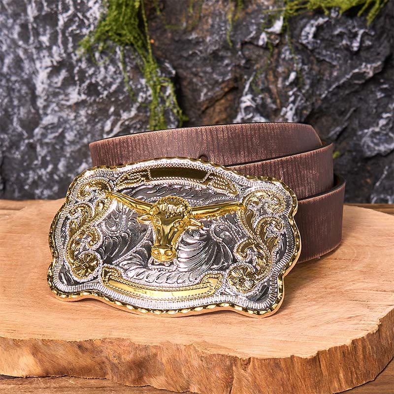 Gold Bull's Head DIY Western Cowboy Buckle Leather Belt - Image 9