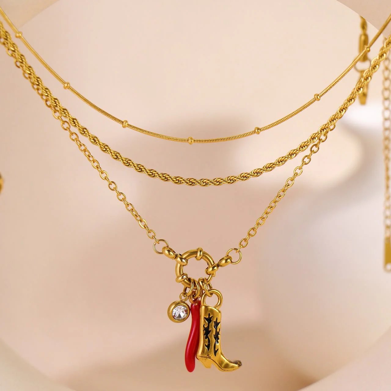Gold Chain Western Boot Chili Pendant Necklace