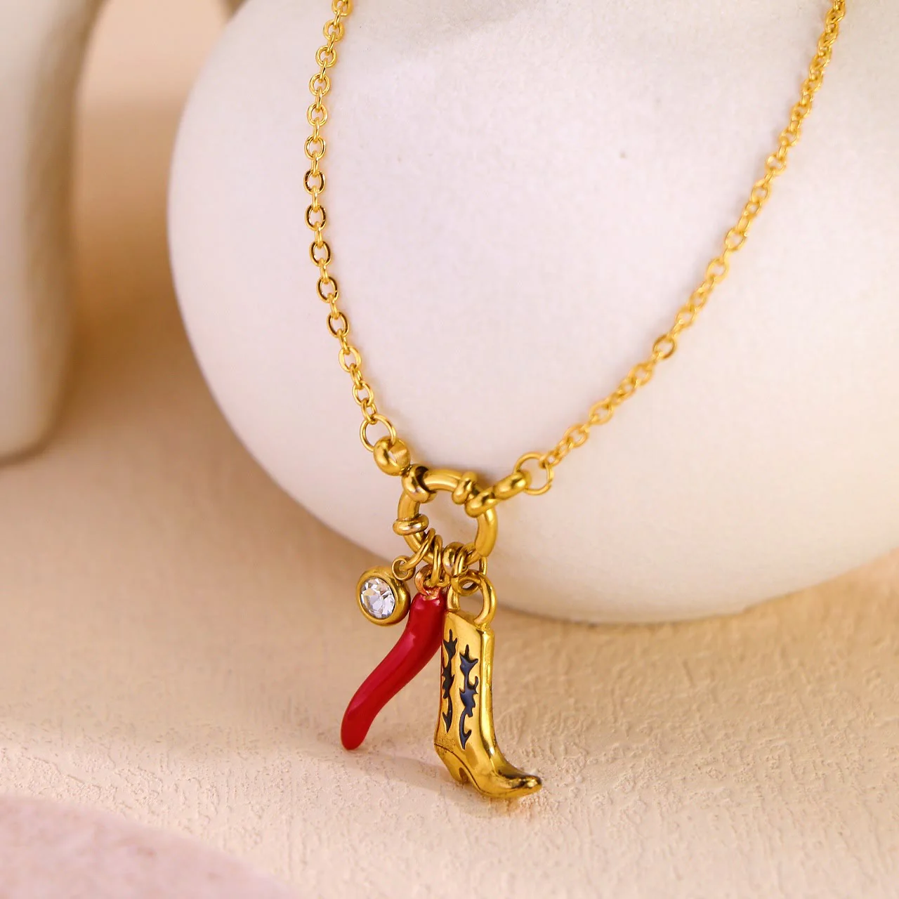 Gold Chain Western Boot Chili Pendant Necklace - Image 2