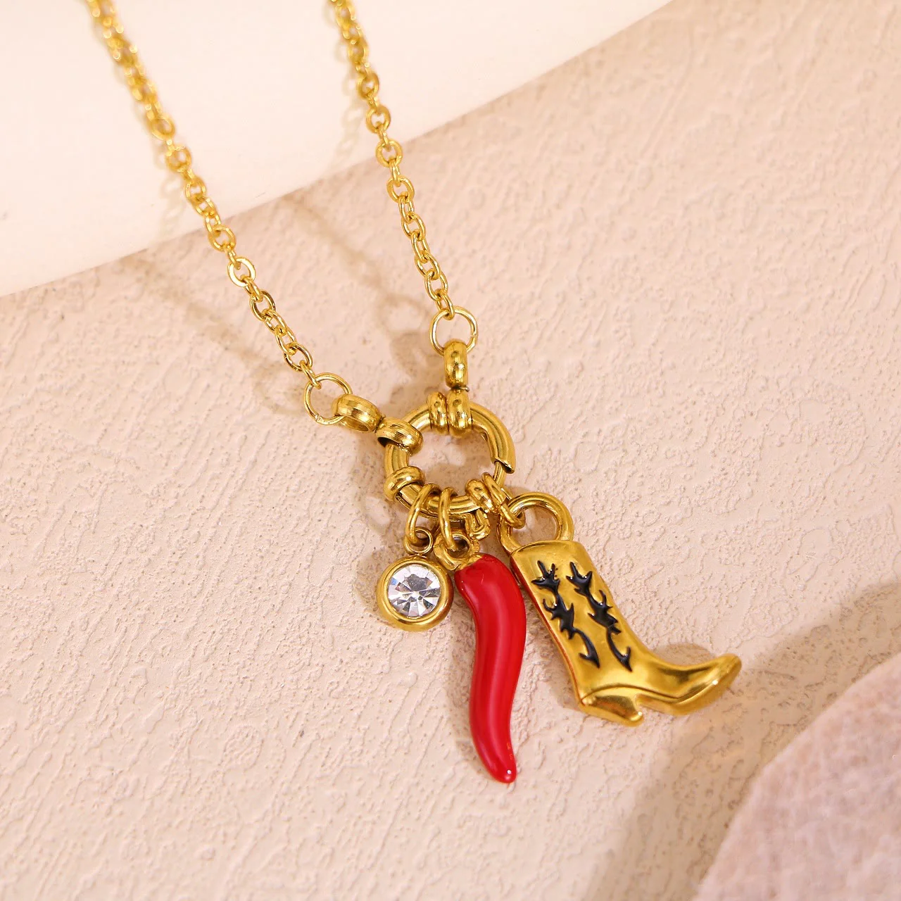 Gold Chain Western Boot Chili Pendant Necklace - Image 3