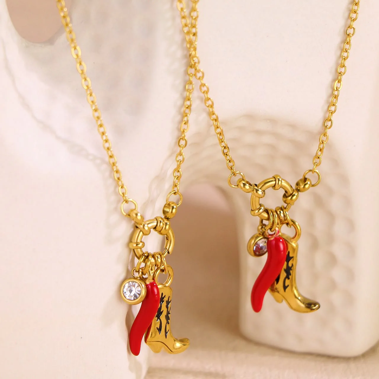 Gold Chain Western Boot Chili Pendant Necklace - Image 4