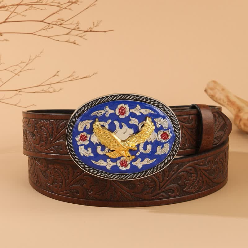 Gold Eagle Blue Colored Buckle Floral Embossed Leather Belt