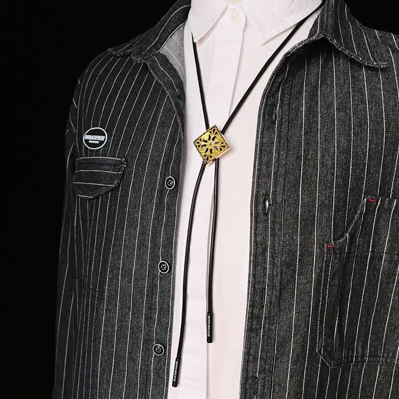 Gold Flower Pattern Diamond Shape Bolo Tie - Image 6