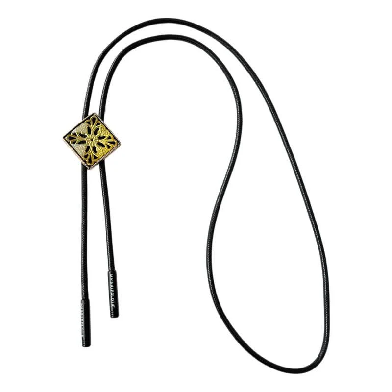 Gold Flower Pattern Diamond Shape Bolo Tie - Image 7